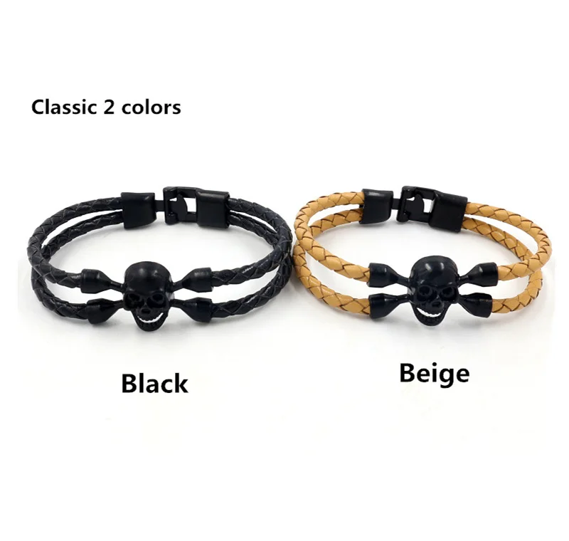 Neo-Gothic Jewelry Ghost Head Alloy Skull Leather Braided Bracelet for Men