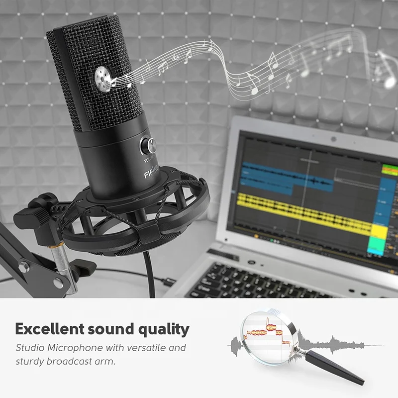 Fifine Новое поступление профессиональный студийный микрофон для записи arm stand mic компьютерный USB конденсаторный