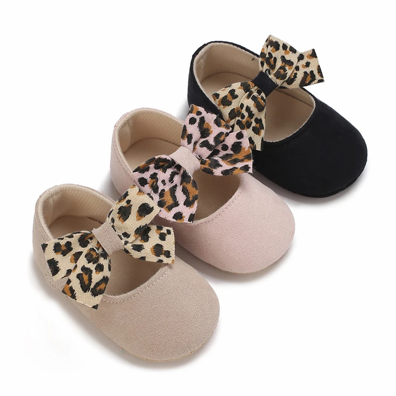 Autumn new fashion white and trendy solid color design leopard print bow girls 0-1 years old flat shoes