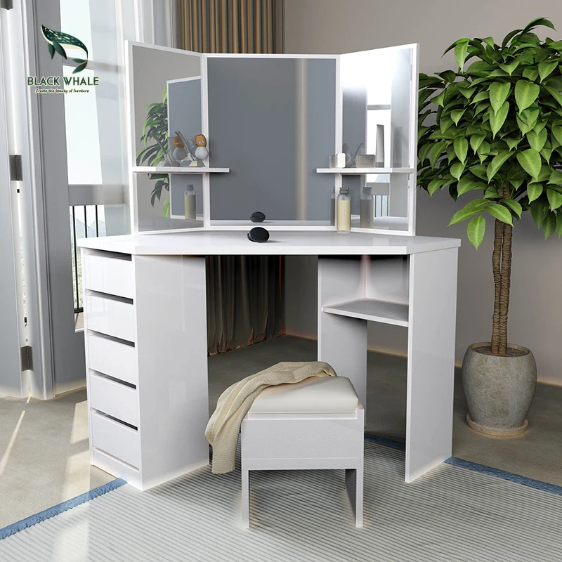 
Modern White Bedroom Drawer Coiffeuse Tocador Led Lights Vanity Desk Makeup Mirrored Dressers Dressing Table With Mirror 