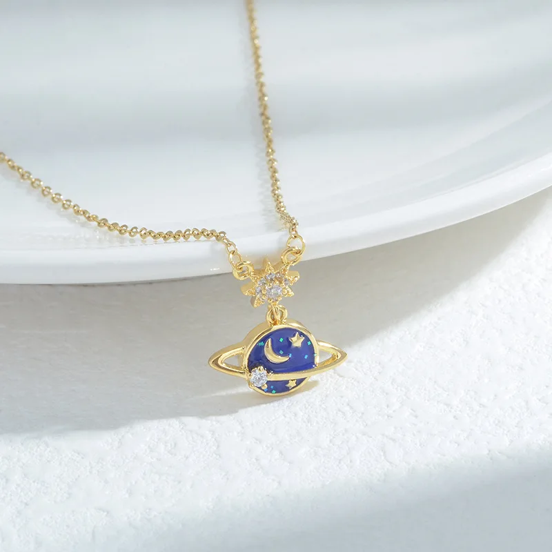 Rhinestone Planet Saturn Pendant Long Sweater Chain Necklace Female Party Jewelry Luxury For Women Girls Birthday Gift