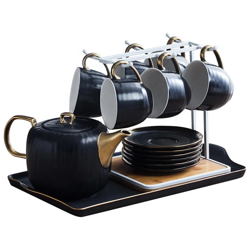 Gold Rim Porcelain Tea Cup Set With Teapot Ceramic Tea Pot And Cup Sets Of 6