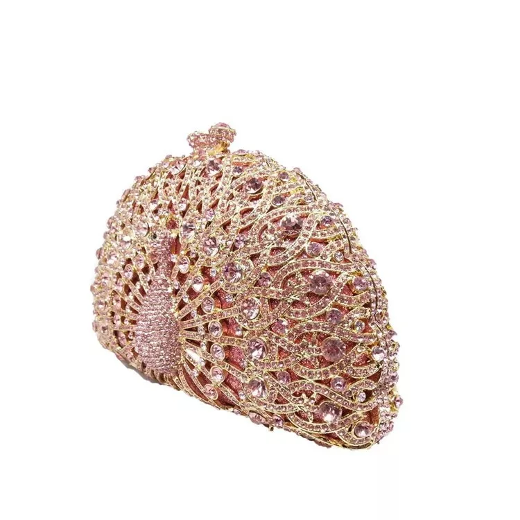 Chi belle luxury bling crystal rhinestone pink peacock purse party for ladies evening bag