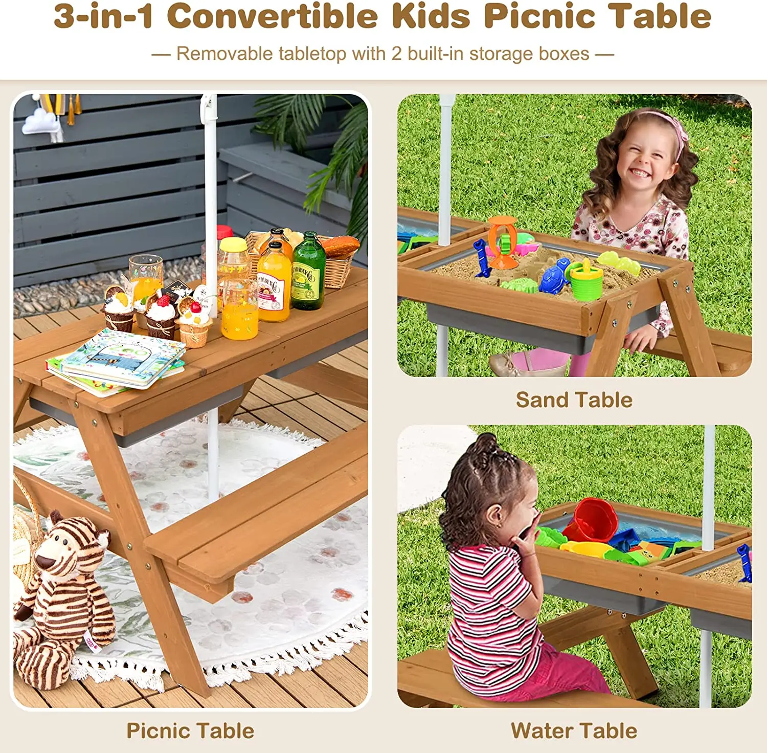 Kids Picnic Table Height Adjustable Umbrella, Removable Tabletop Children Outdoor Toy Play set Wooden Convertible Activity Table