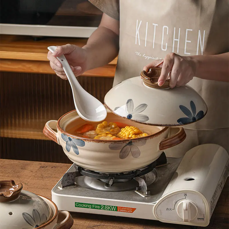 Wholesale High Quality Kitchen Clay Cooking pots Round Restaurant Cookware Tool Ceramic Casseroles Soup Pot With Lid And Handles