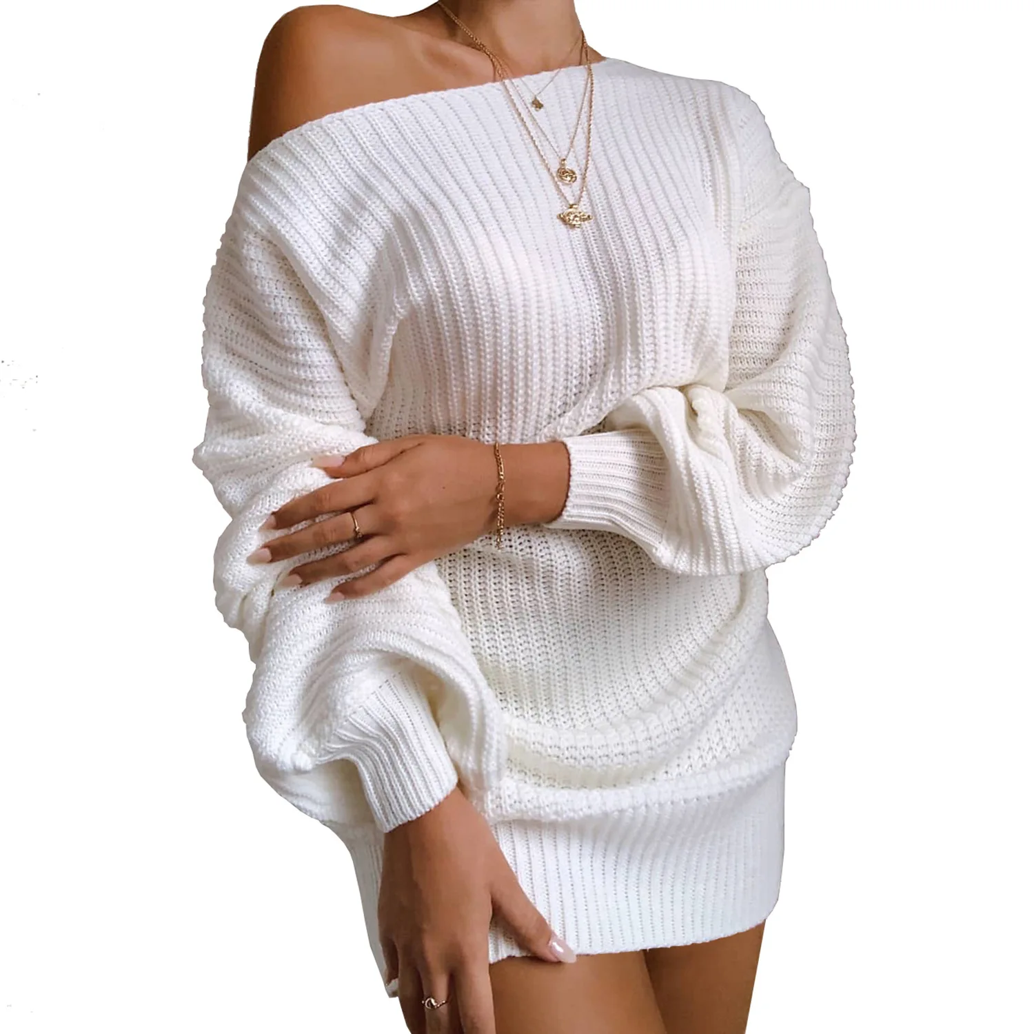 
New autumn knit puff sleeve casual off shoulder women sweater dress 