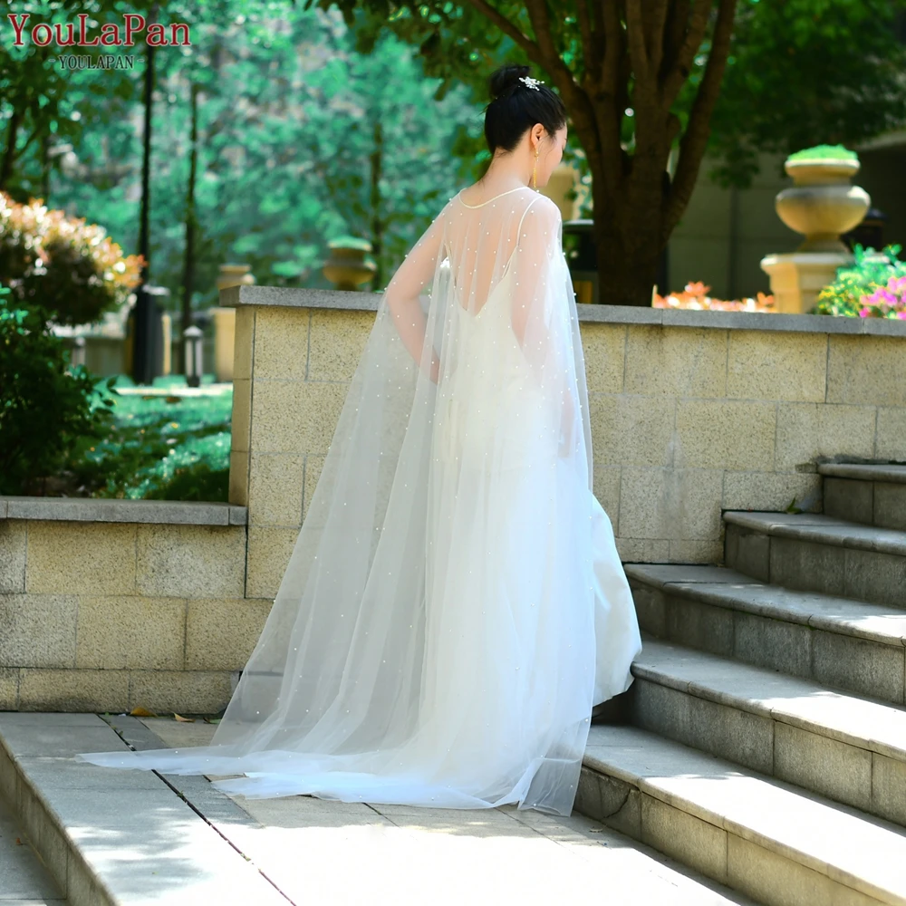 YouLaPan VG17 Hot Selling Bridal Wedding Dress Cape Long Pearl Soft Tulle Wrap Shawl Women Evening Party Dress Shoulder Cover