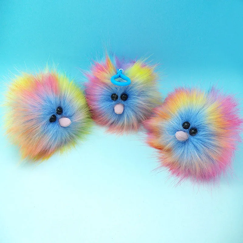 New cute rainbow ostrich soft fluffy fox fur plush ball pompom pendant plastic keychain gift car pendant