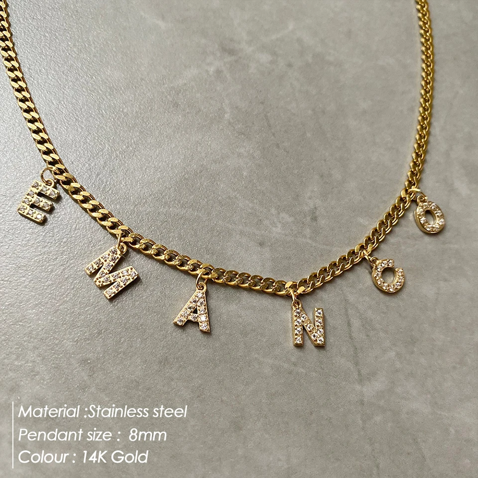 Stainless Steel 14K Gold Cuban Chian Micro Inlaid Zircon Letter Personalized Name Necklace DIY Customized Name Necklace