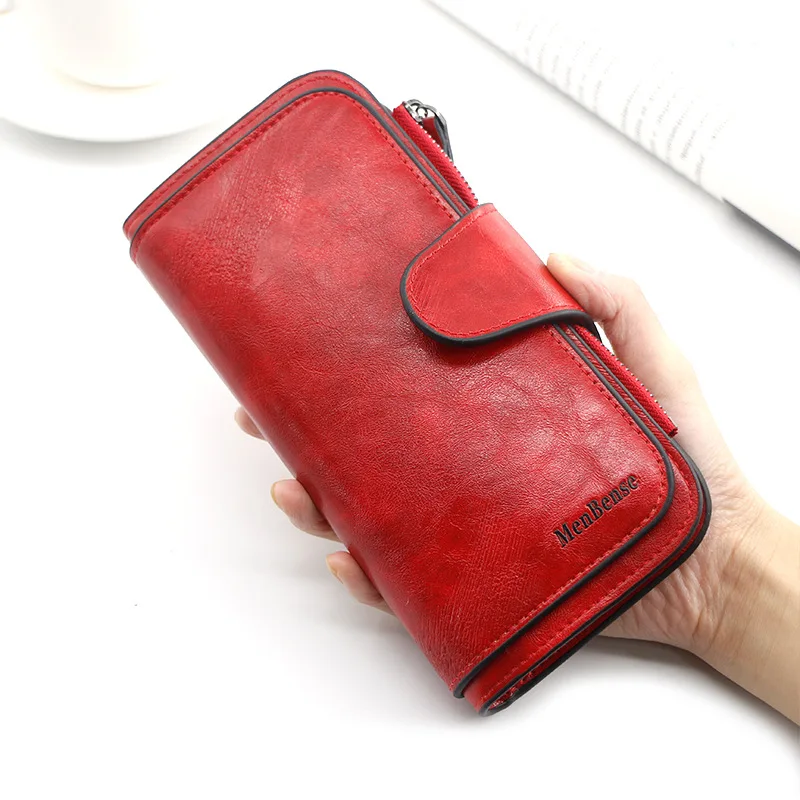 Fashion Long Simple Solid Color Oil Wax Pu Leather Sac Hasp Zipper Vintage Stone Texture Credit Card Clutch Purse Women Wallet
