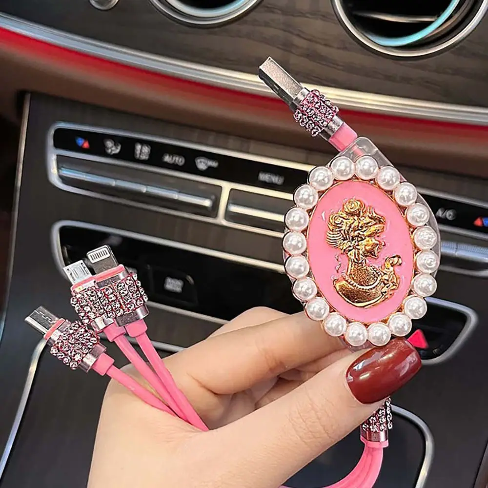 Crystal Heart Shape 3 in 1 USB Data Cable Mobile Phone Fast Charge Girls Gift Cute Fast Charging Cable