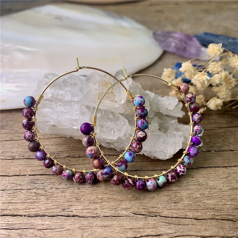 LS-E1286  Wire warp colorful beaded natural gemstone earring handmade round hoop earring