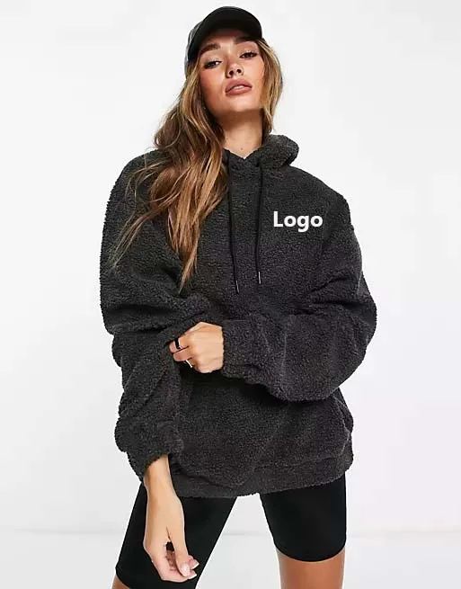 Custom logo oversized hoodie in borg fleece in charcoal Streetwear Pullover women borg hoodie