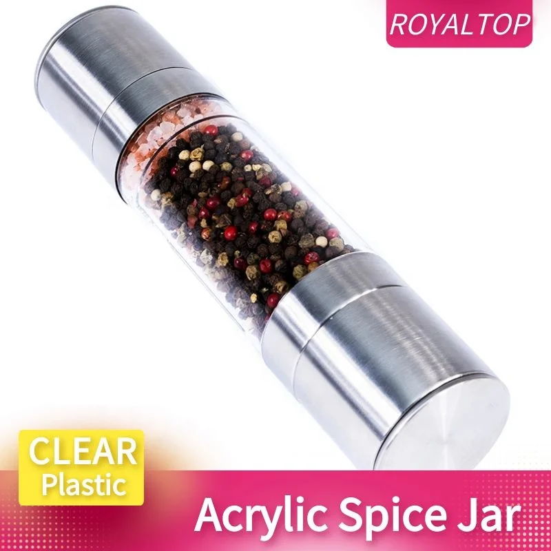 Kitchen Cooking Gadgets Ceramic Stainless Steel Manual Sea Salt Mill & Black Pepper Grinder Set with 2-in-1 Acrylic Spice Bottle