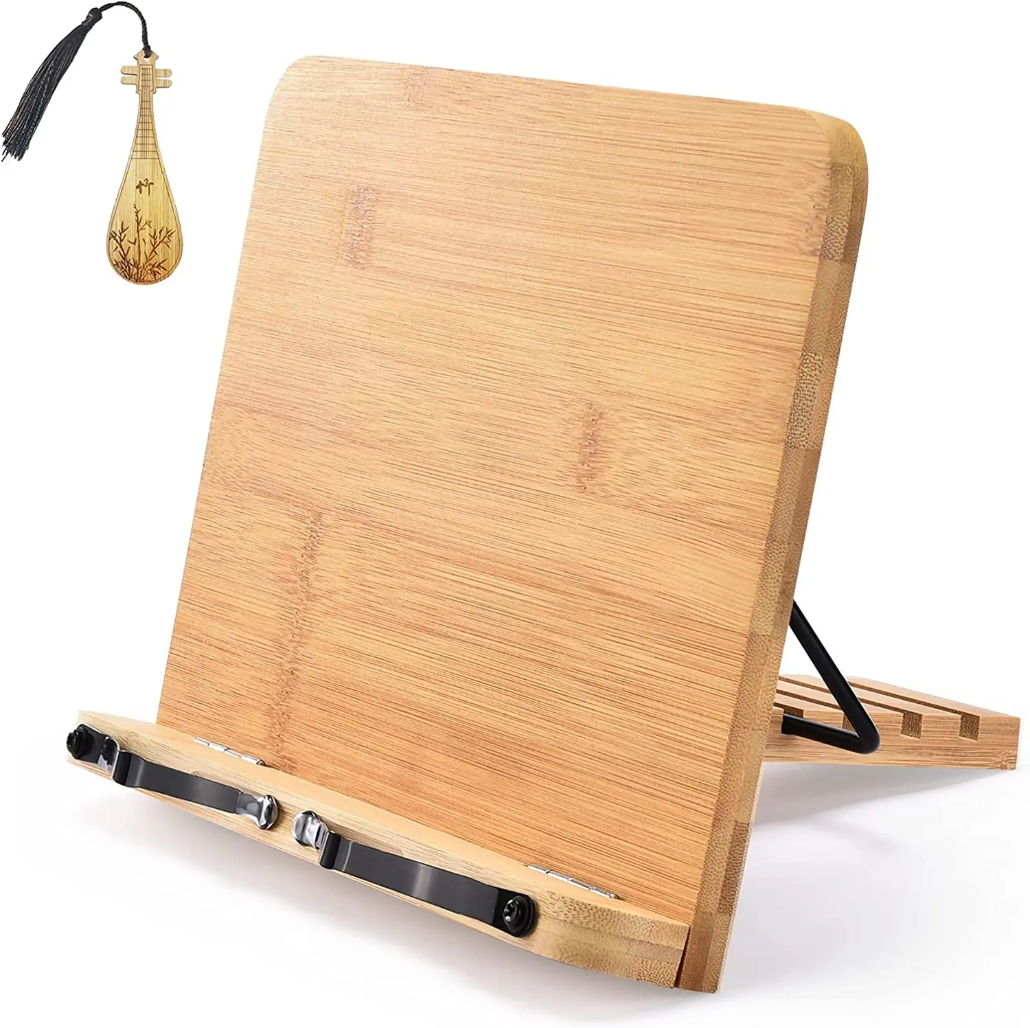 Textbooks Recipe Cookbook Holder Bamboo Adjustable Height Reading Folding Stand with Adjustable Angles and Paper Clips Holds