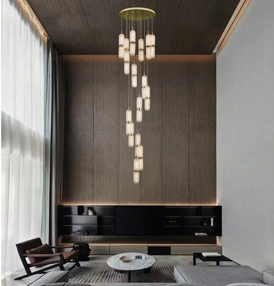 2022 New Modern golden Capsule shape pendant lamp crystal glass spiral LED villa stairs glass chandelier