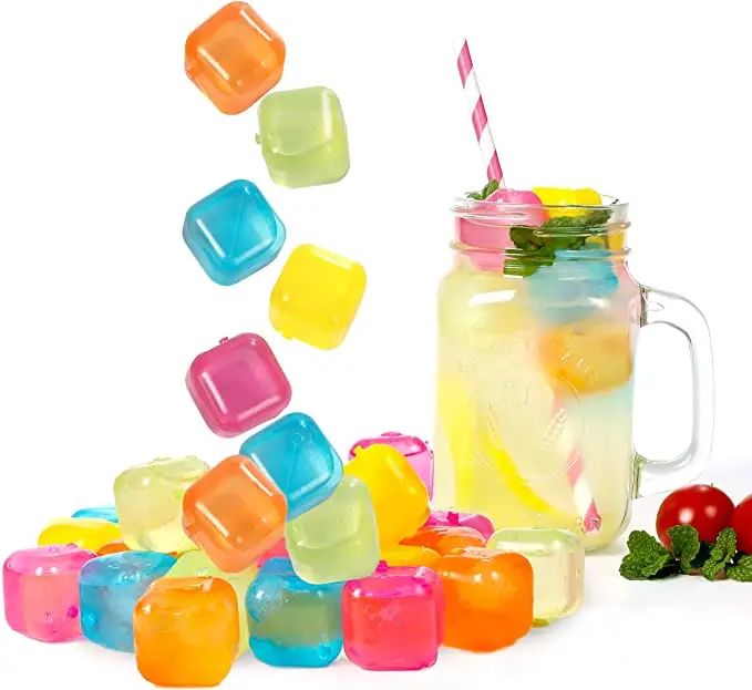 6Pcs Reusable Ice Cube BPA Free Plastic Squares Ice Cubes Colorful Refreezable Ice Cubes For Drinks Whiskey Vodka Coffee