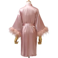 2021 Ostrich Feather Silk Satin Pajama Pink Pajamas With Feathers Wedding Bridal Party Satin Feather Robes