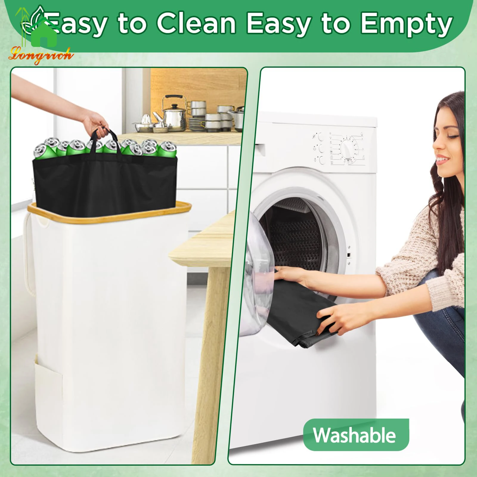 100L Deposit Bottle Storage  Bamboo Black Kitchen Recycling Bin Bottle Collection Container with Lid Removeable Inner Bag