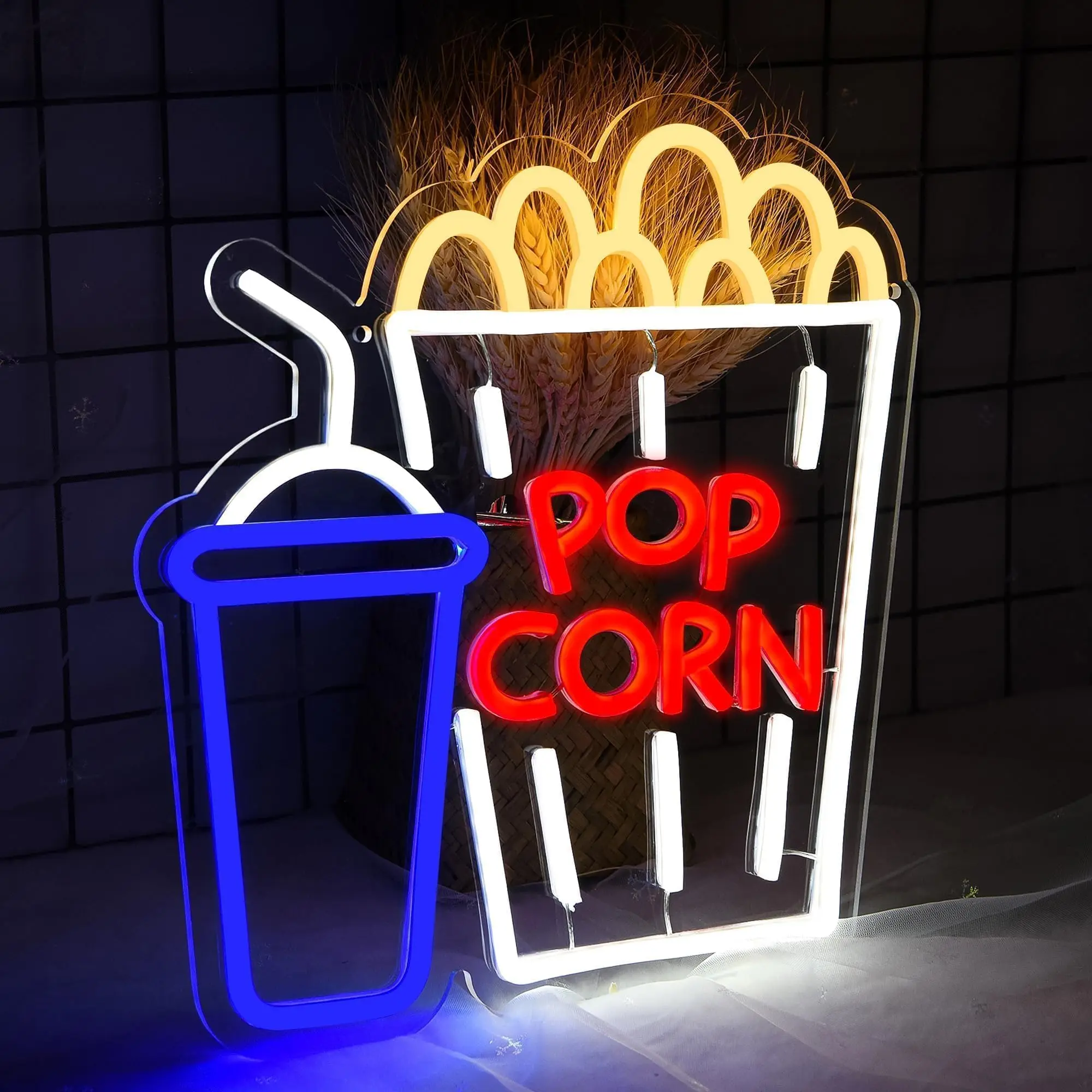 Popcorn Neon Sign for Wall Decor Business Cinema LED Light