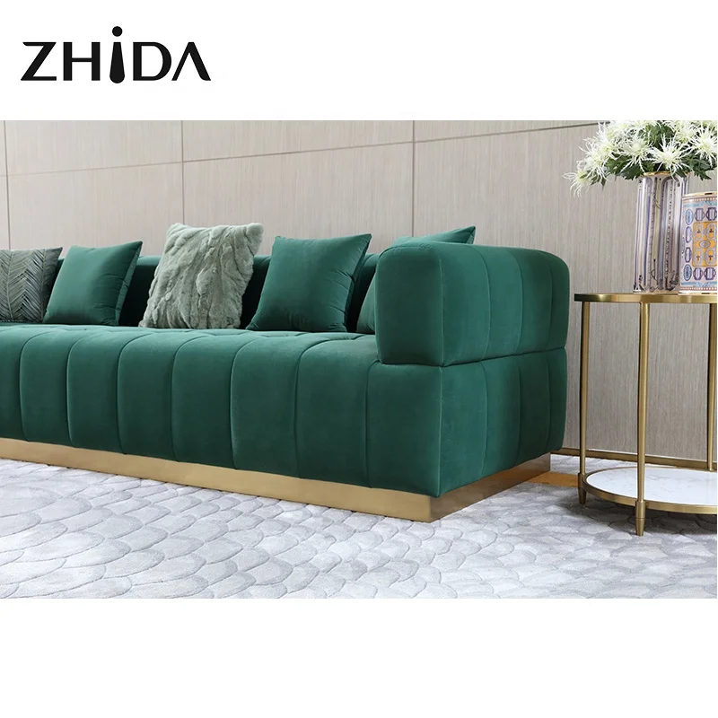 Zhida Hot sale home furniture Italian luxury designed 2 3 4 seat sofa set furniture living room velvet sofa with gold leg