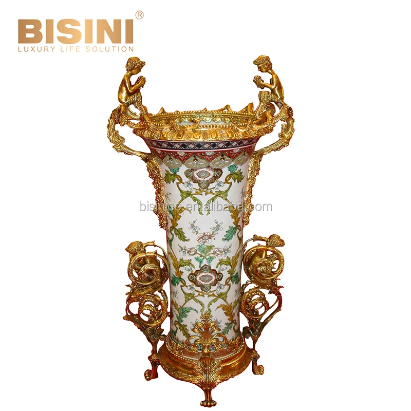 68 Inches High Classic Vintage Gilt Brass Three Cherub Mounted Rococo Painted Ornated Porcelain Vase