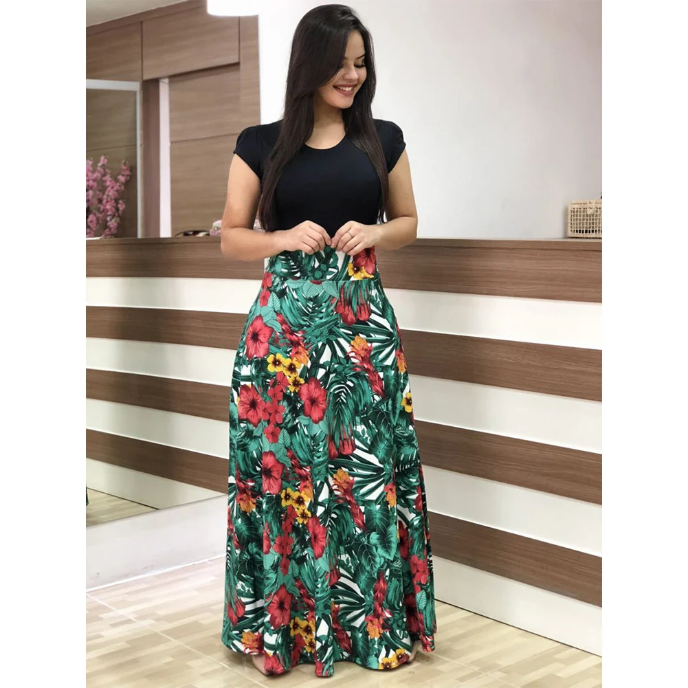 Stylish Elegant Color Matching Dress Flower Print Long Skirt For Women