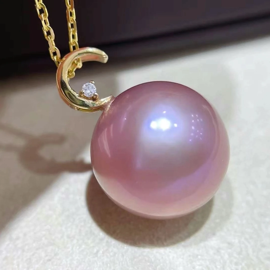 18K Gold Diamond Moon Pendant 14-15mm Edison pearl round flawless Soft Pink Purple Silver Necklace