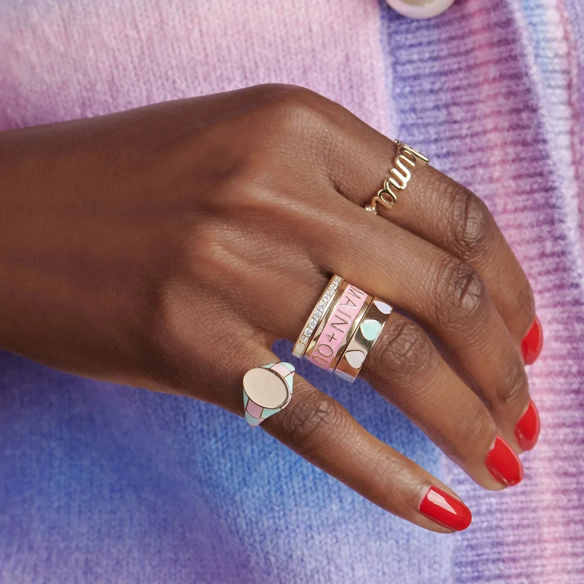 LOZRUNVE 925 Silver Fashion Jewelry Personalized Enamel Heart Signet Ring Set for Women