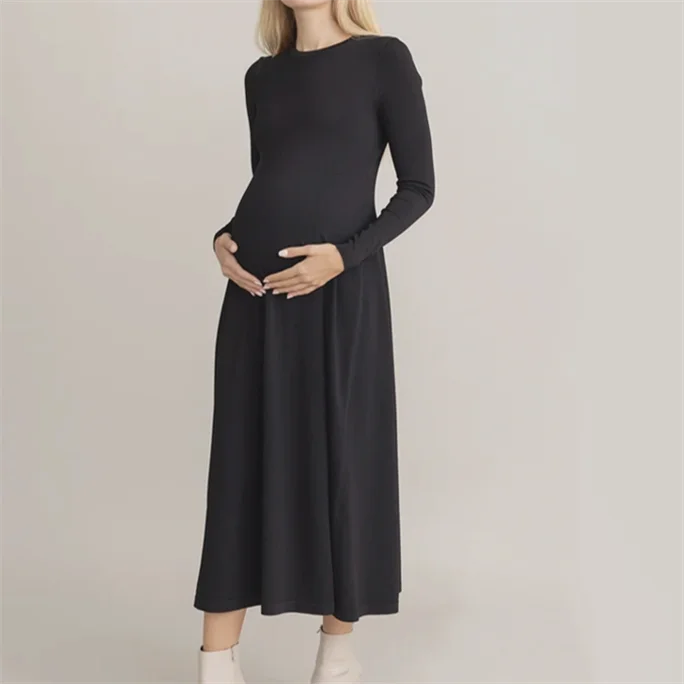 Factory ODM Crew Neck Long Pullover Woman Tops Black Frock Oversized Lady Dresses Maternity Clothes Women Knit Sweater Dress