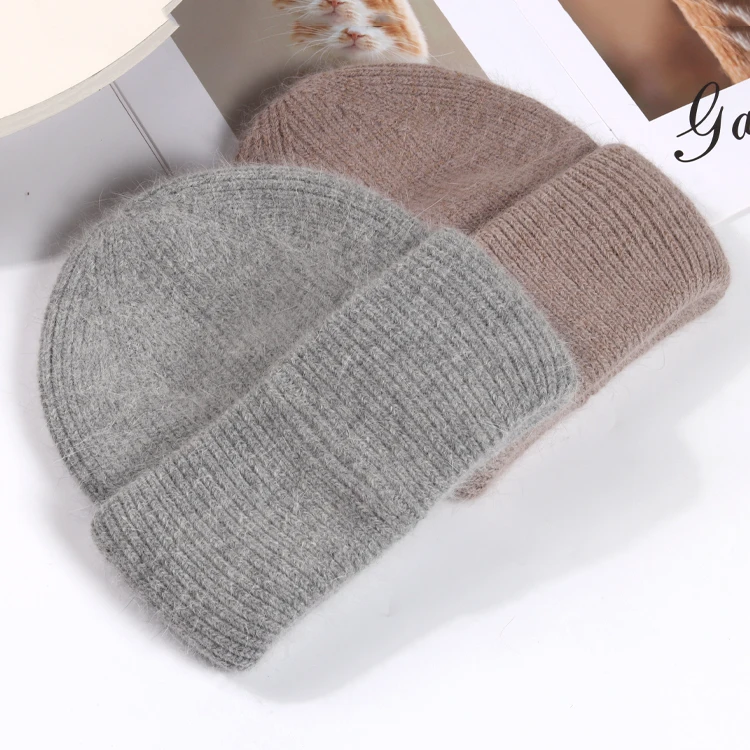 2021 new plain rabbit fur warm hat winter plain plush knit hat