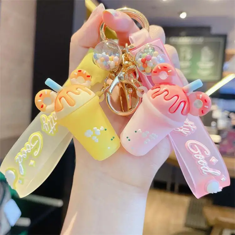 Promotional kids girls gifts creative cartoon cute charm ice cream keychain boba milk tea cup keychain
