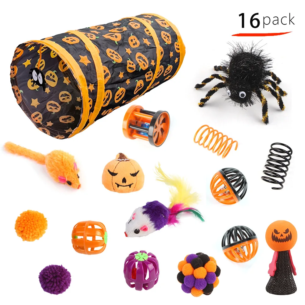 Wholesale Pet Cat Toys Set Luxury Feather Pumpkin Spider Ball Bell Mouse Teaser Interactive Halloween Pet Cat Tunnel Toys Set