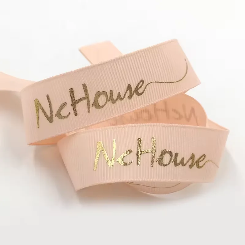 Luxury Fashion Custom logo 3D gold Silvery foil printed Grosgrain Ribbon single face polyester ribbon For Clothing packaging