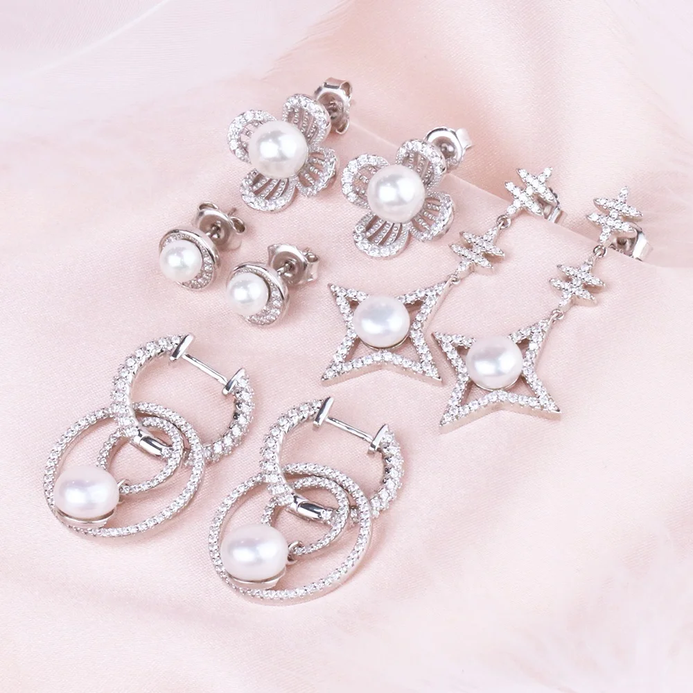 2021 luxury designer drop statement geometric pearl and cubic zircon earrings,freshwater pearl hoop earring 925 silver