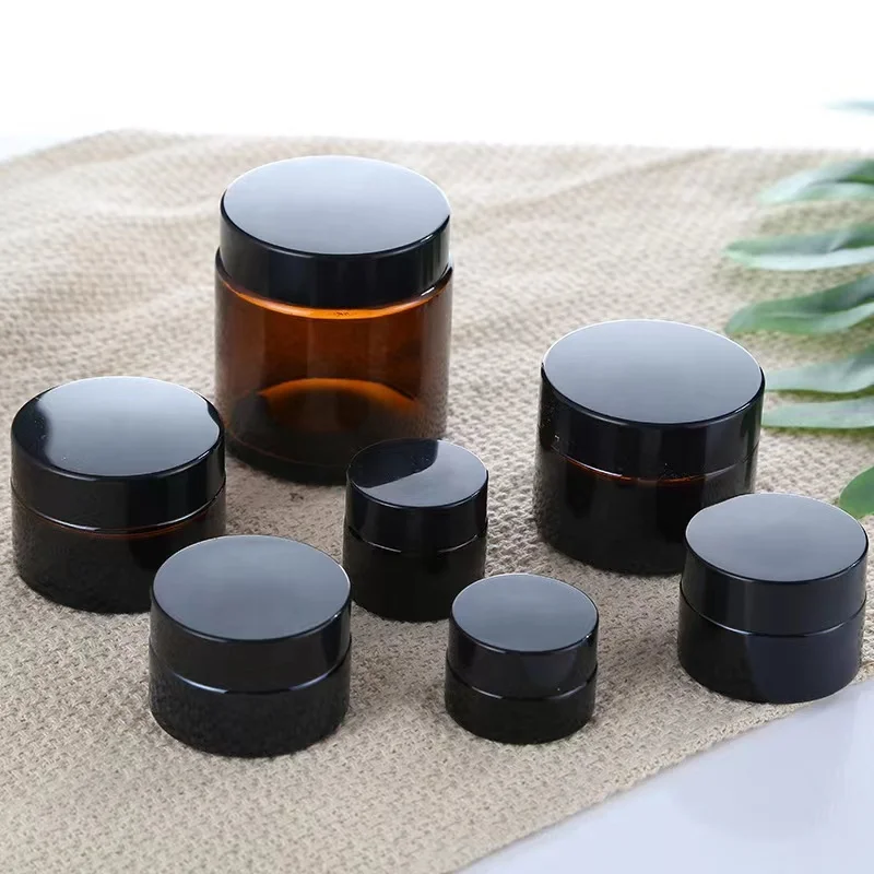 Raw Material Color Cosmetic Cream Glass Jar Amber for Skin Care Packaging with Silver Lid Plastic Cap, Metal Cap Plastic Seal