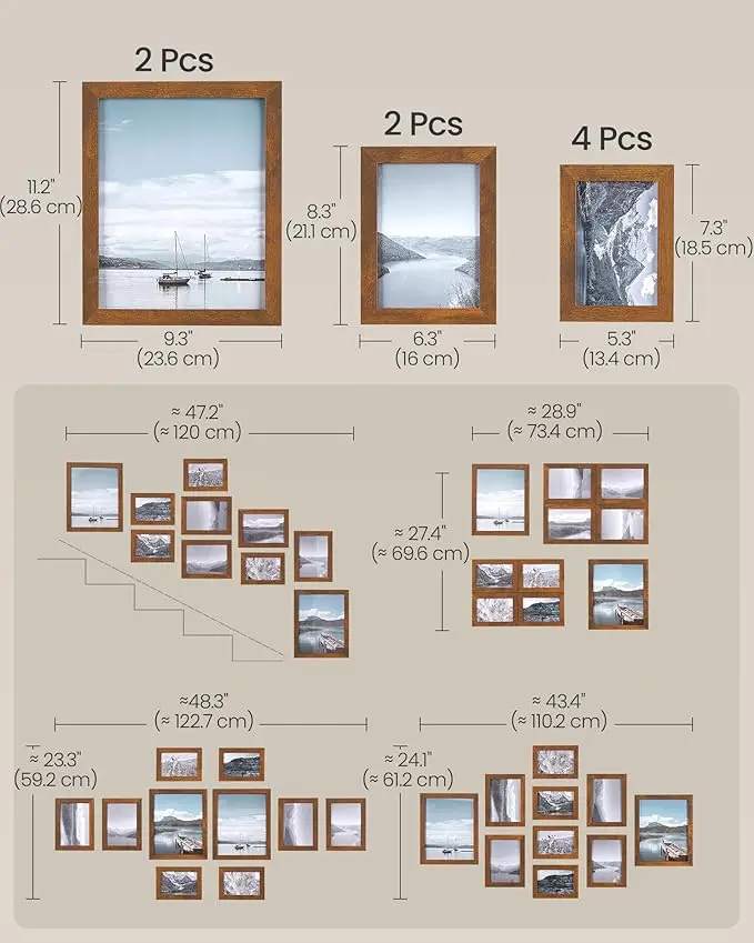 A set of 10 collage photo frames, two 8x10, four 5x7, four medium 4x6, wall gallery decoration, desktop display, glass,