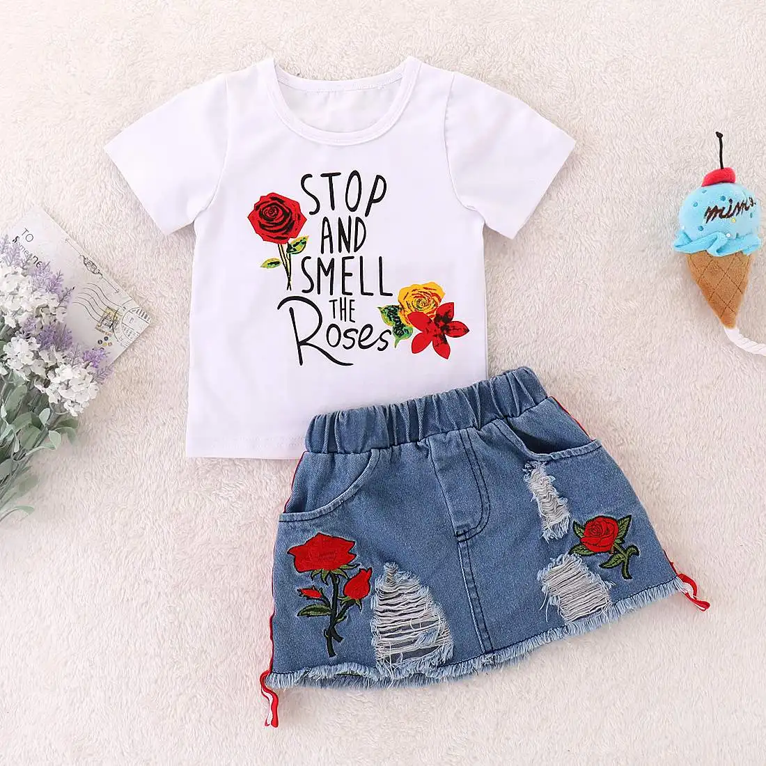 Kids Clothes Girls Top White T-shirt Denim Kids Fashion Clothing Sets Summer Top Denim Shorts Dress 2pcs Set Wholesale