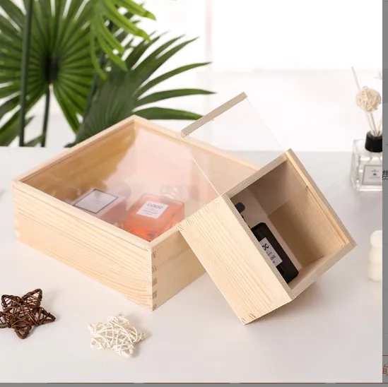 Custom Unfinished Pine Wood Gift Packaging Box Wooden Slide Top Box with Clear Acrylic / Glass Sliding Lid
