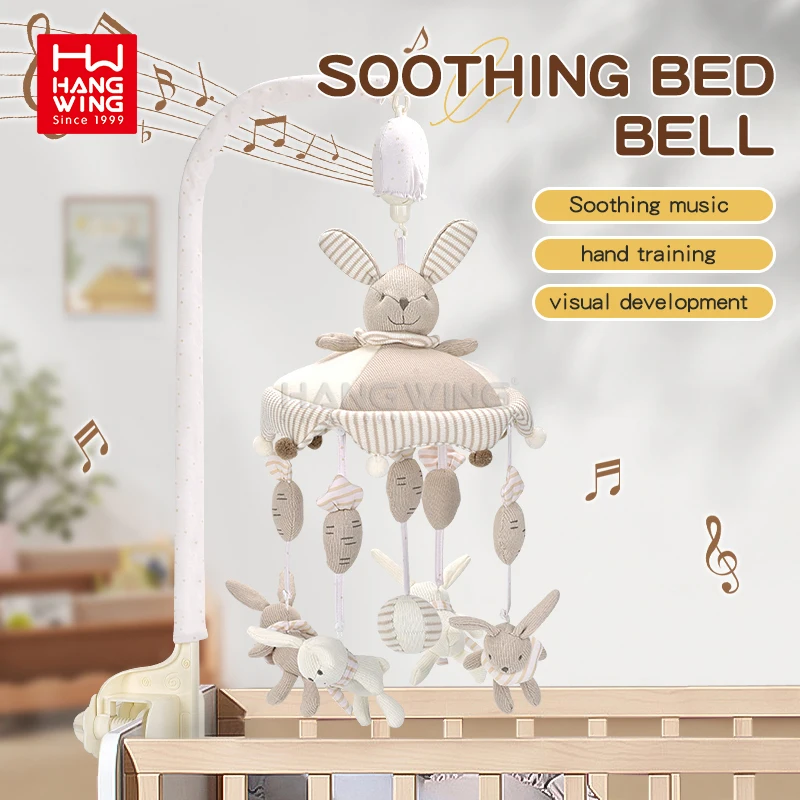 HW 0M  Infant Bed Musical Mobile Bedbell Cute Cartoon Rabbit Shape Rotating Crib Bell with Stuffed Plush Animals Hanging Toys