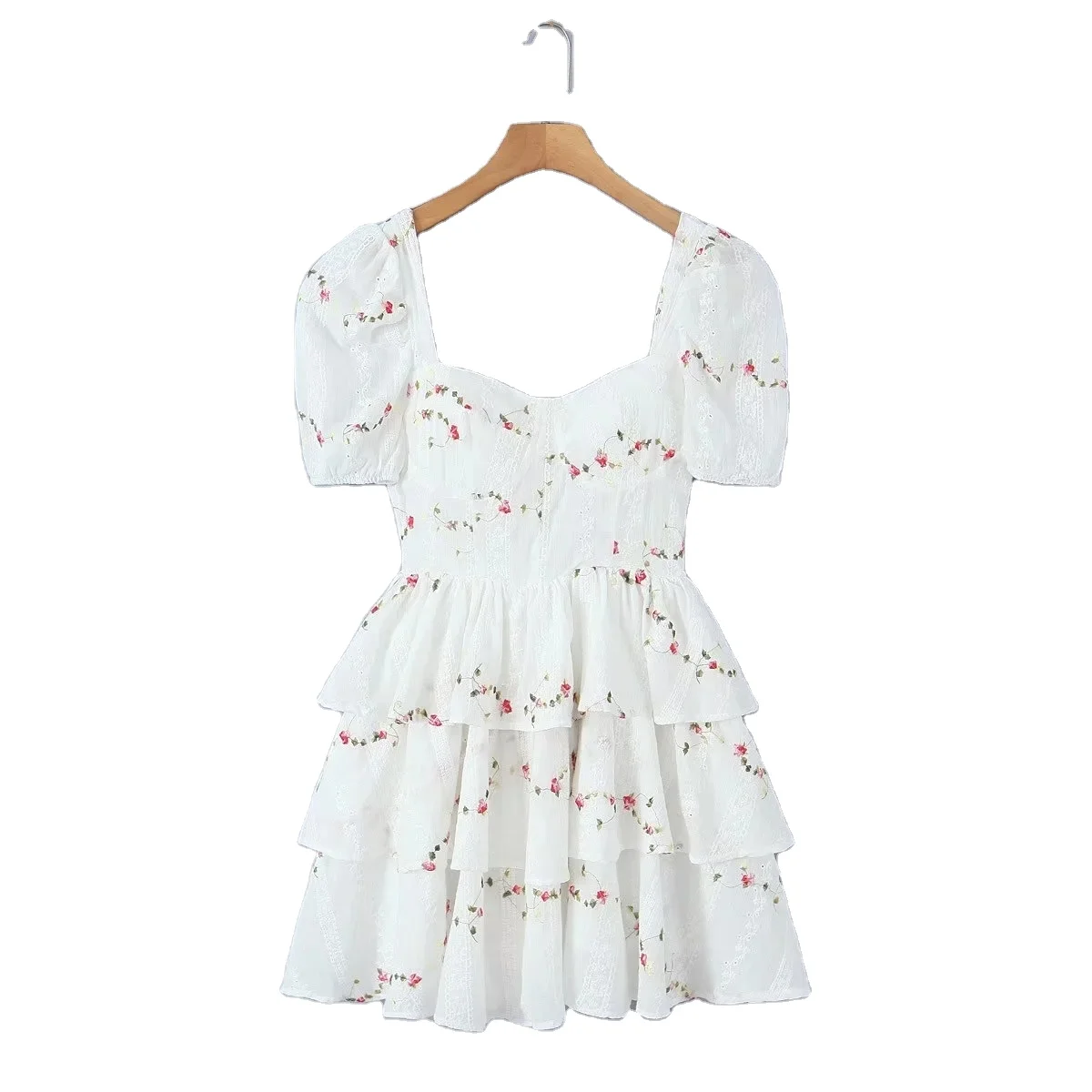 Floral print white color square collar short sleeve casual fashion embroidery dress for women