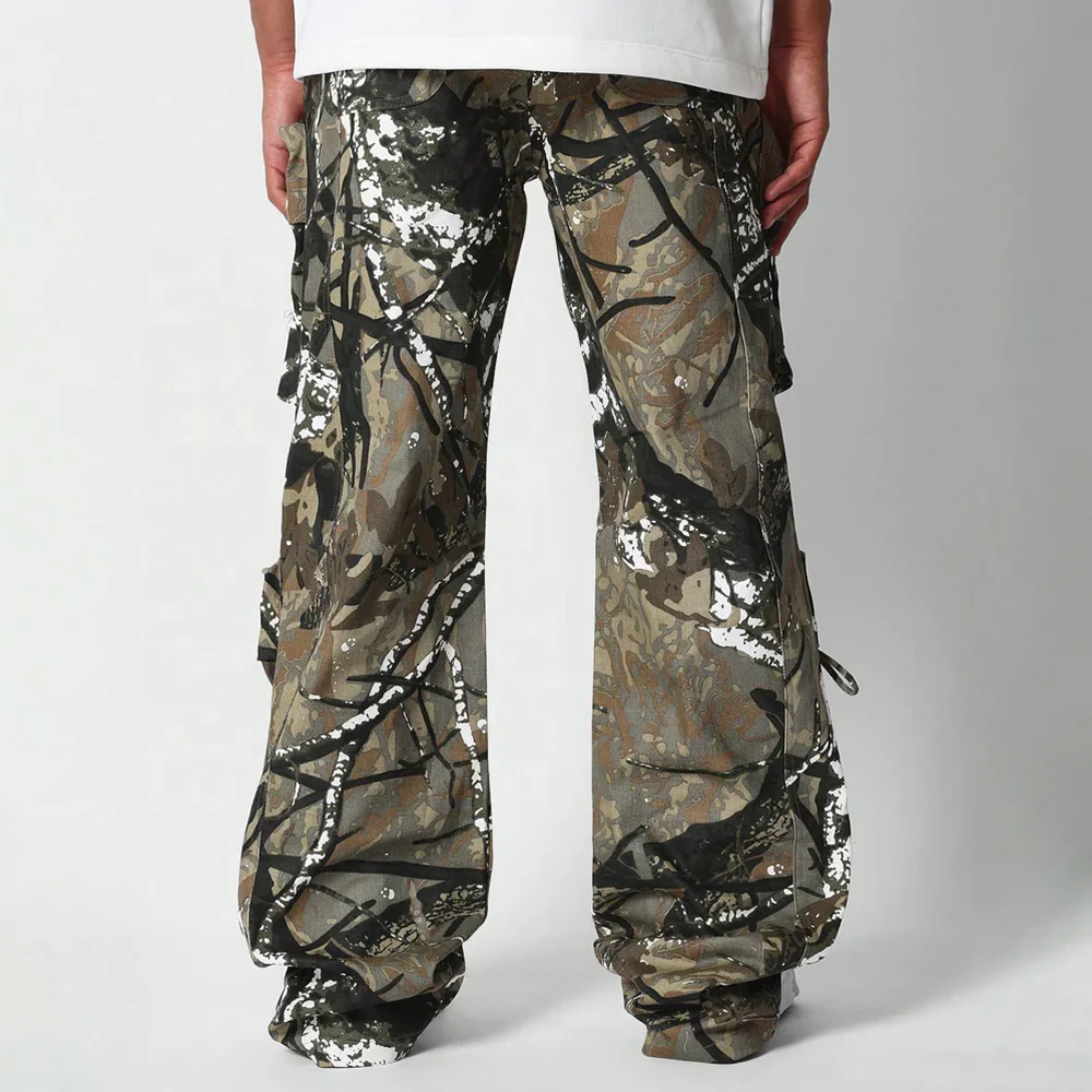 Rainbow Spray High Quality Manufacturer Custom Men Loose Fit Cargo Pants With Camo Print Street Style Wide Leg Men Cargo Pants