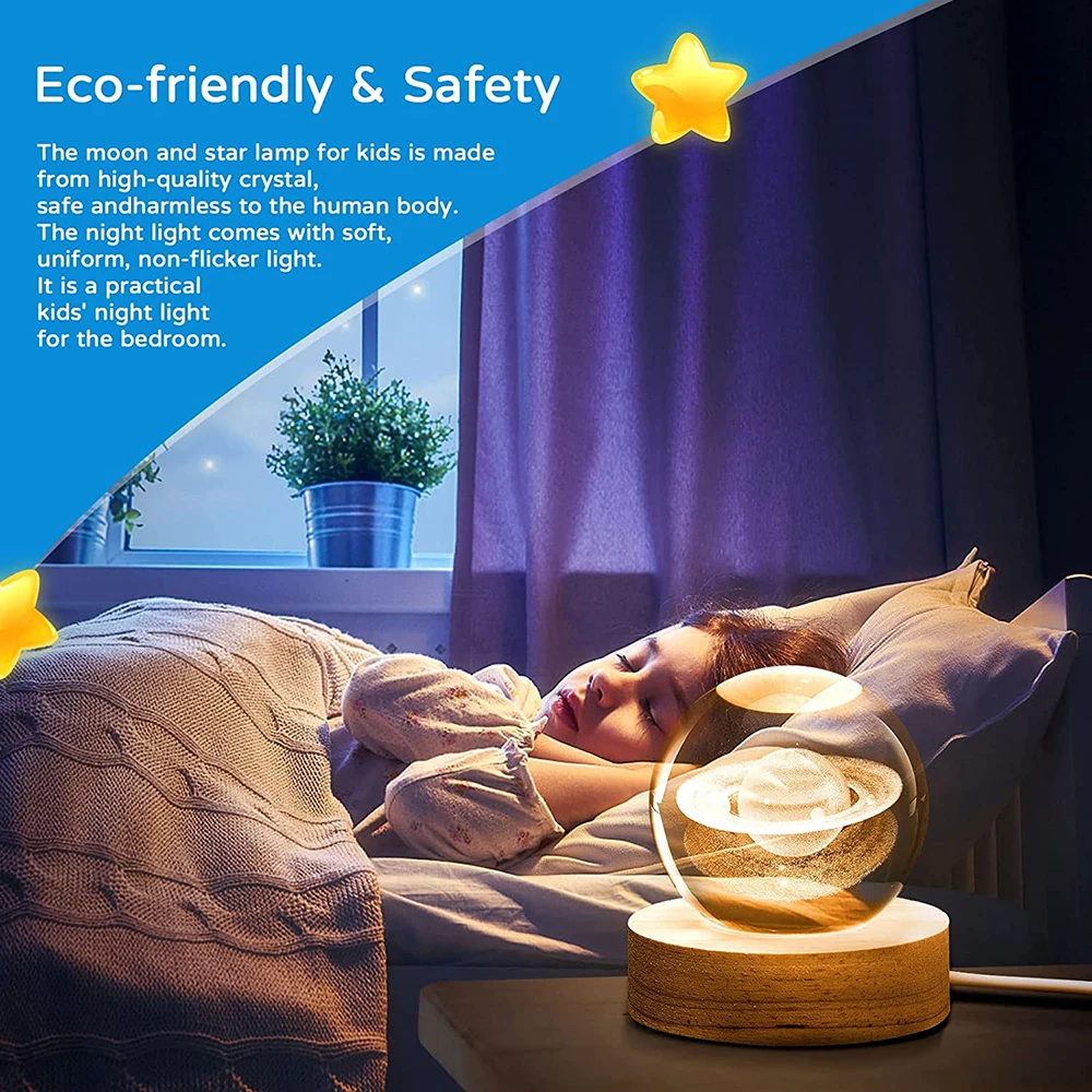 Smart Lighting Decoration Galaxy Deer Usb Wood Base Table Lamp Luminous 3D Art 6cm Crystal Ball Glass Night Light