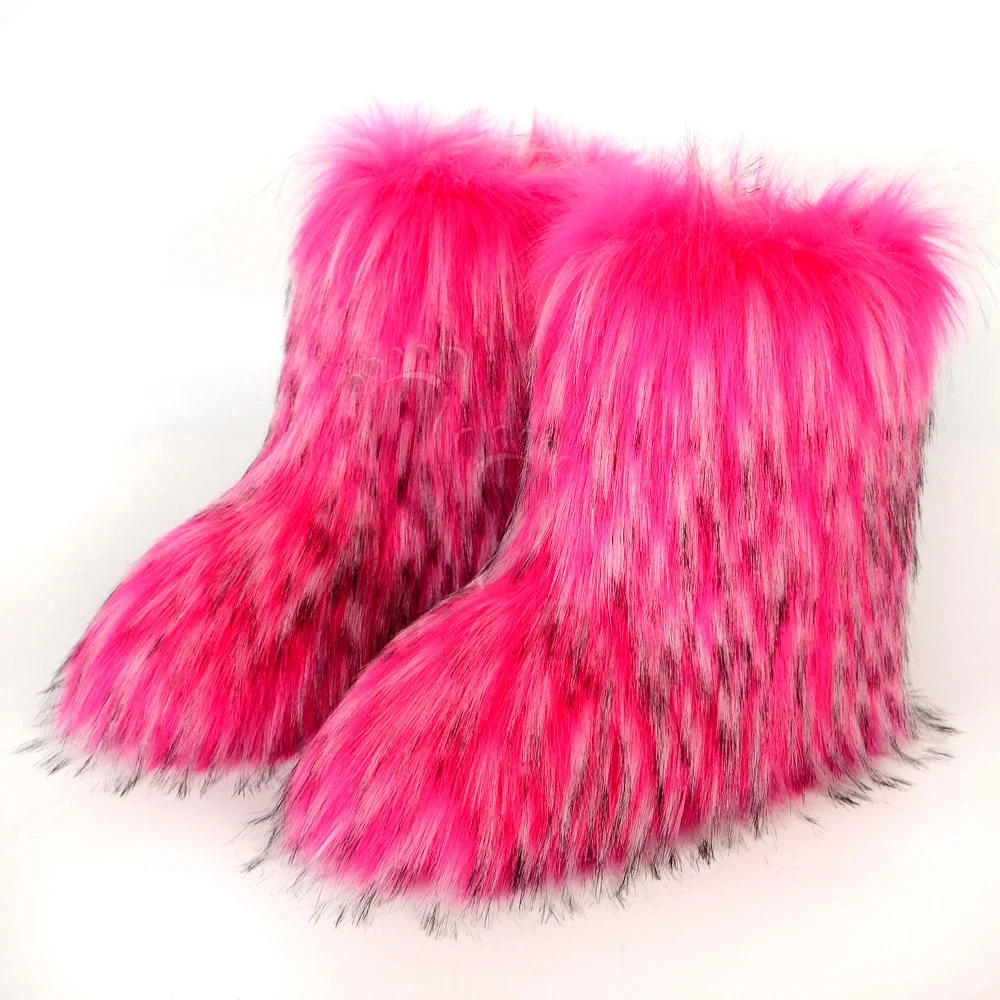 Botas Winter Faux Fur Boots Wholesale Fake Raccoon Fur Mujer for Women 2024 Ladies Adult Plush Winter Shoes for Men Unisex Midi
