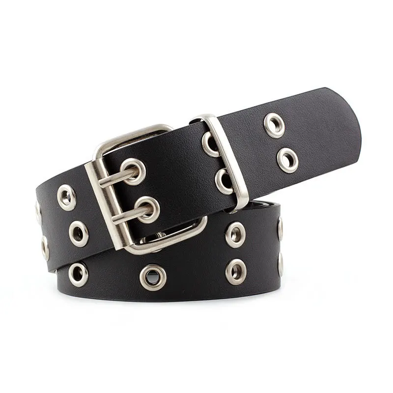 Double Pin Belt Buckle Women Designer Leather Belt With Chain PU Grommet Waist For Punk
