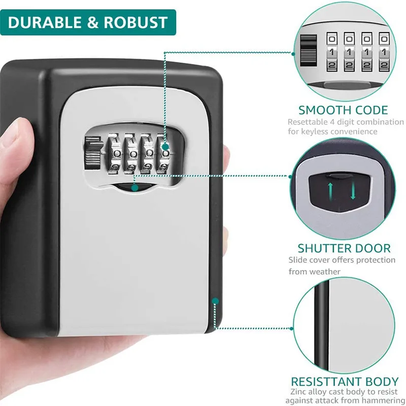 Safe Box Weatherproof 4 Digit Combination Outdoor Key Security Storage Case Key Lock Box Wall Mounted Aluminum Alloy Key