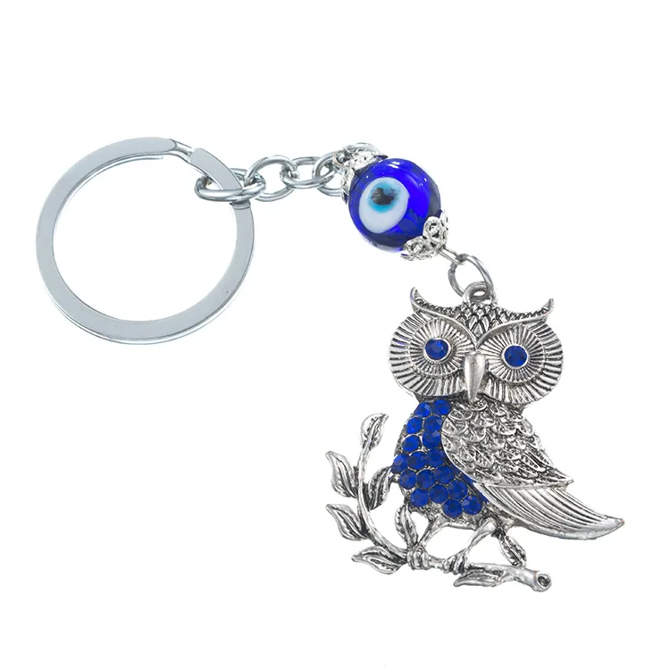 Custom OEM Logo Evil Eye Key Ring Owl Pendants Blue Eyes Colored Glaze Alloy Gift Jewelry Accessories Hangings