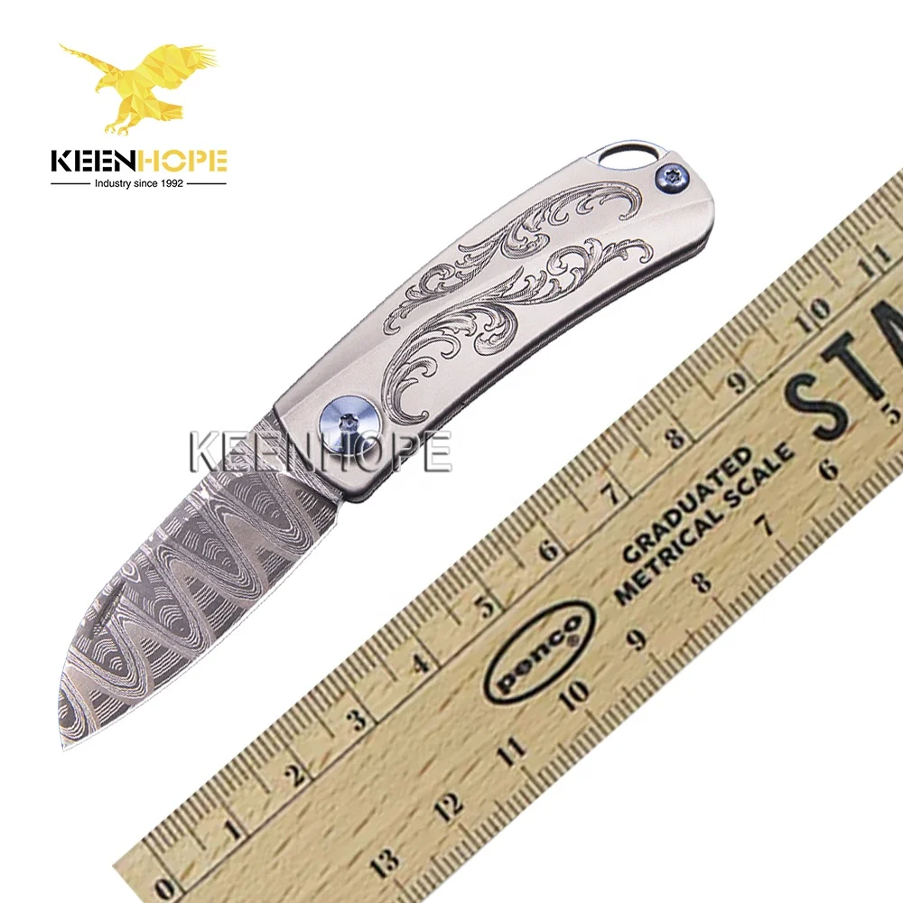 Damascus Folding Pocket Knife USA Mike Norris Composite Ladder Pattern Titanium TC4 Hand Engraving Scroll Flower pattern Handle