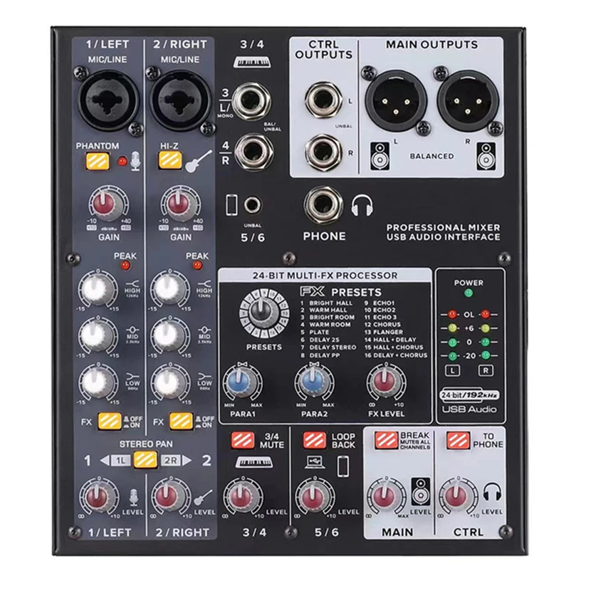 16 double digital dsp effect USB sound card mixer audio 4 channel mixer professional mixing console