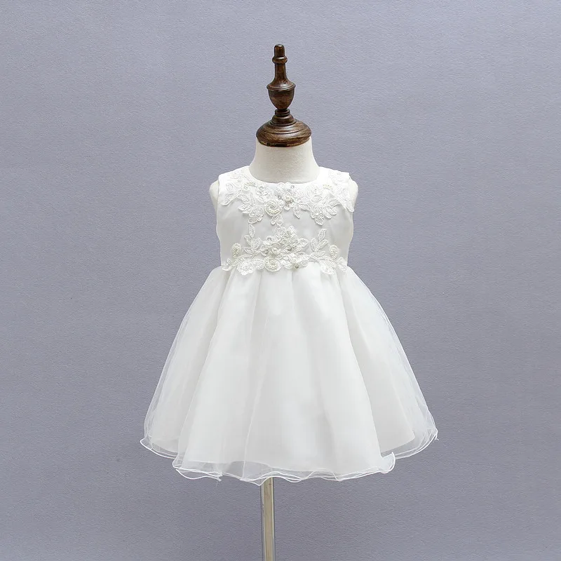 Fashion White Lace Net Yarn Sleeveless Babies Baptism Dresses 6-12 Months Old
